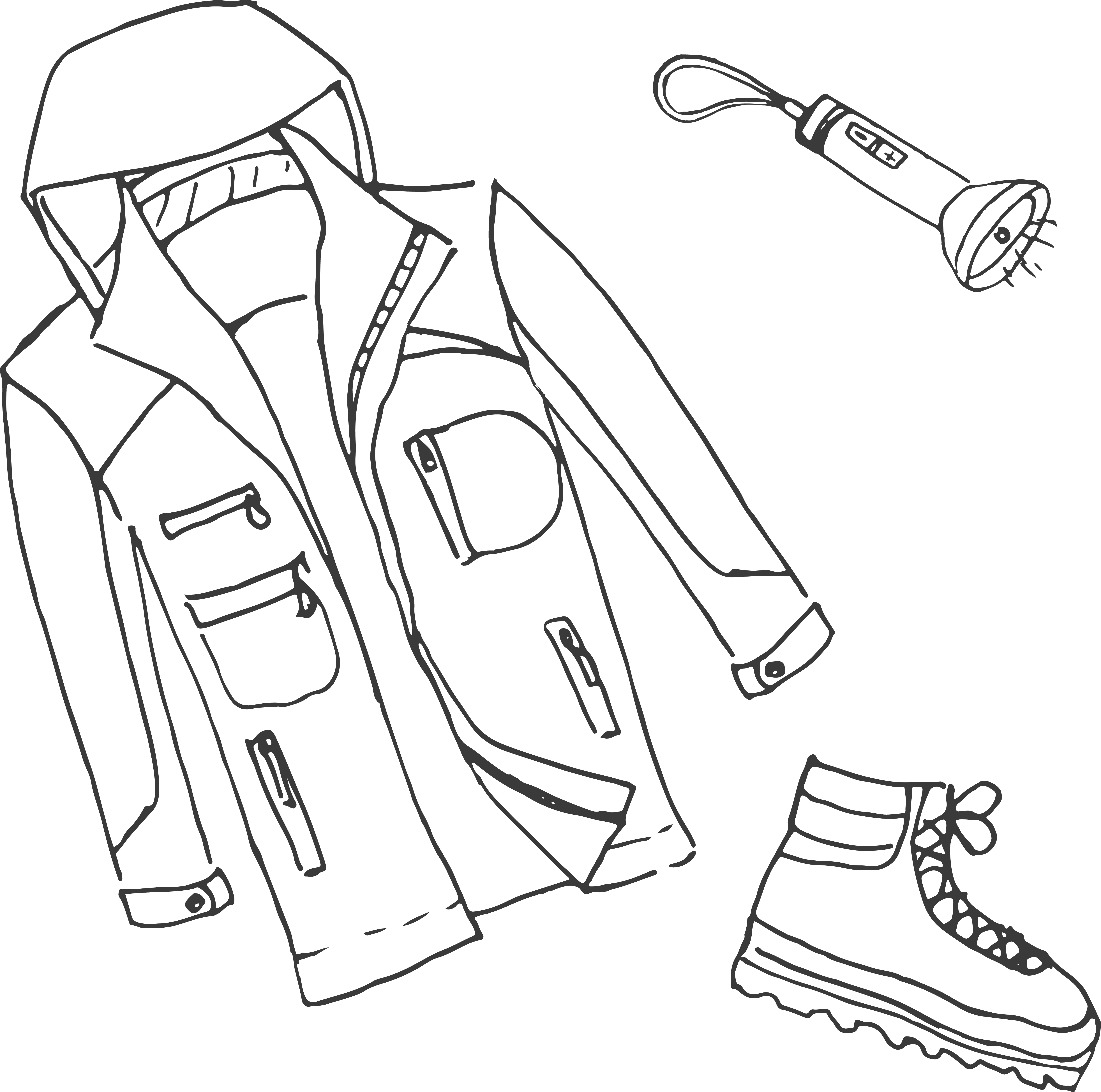 jacket, boots, and flashlight 